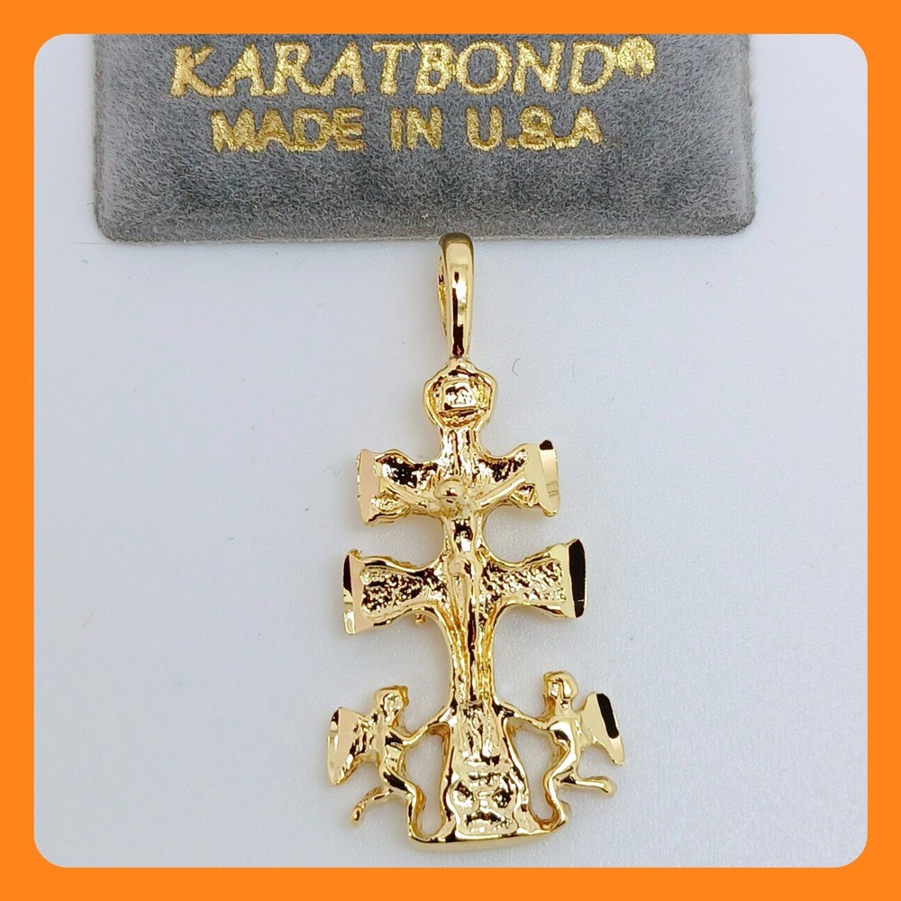 Vintage Karatbond Gold Crucifix Necklace Pendant Angel Double Cross Made USA Y2K